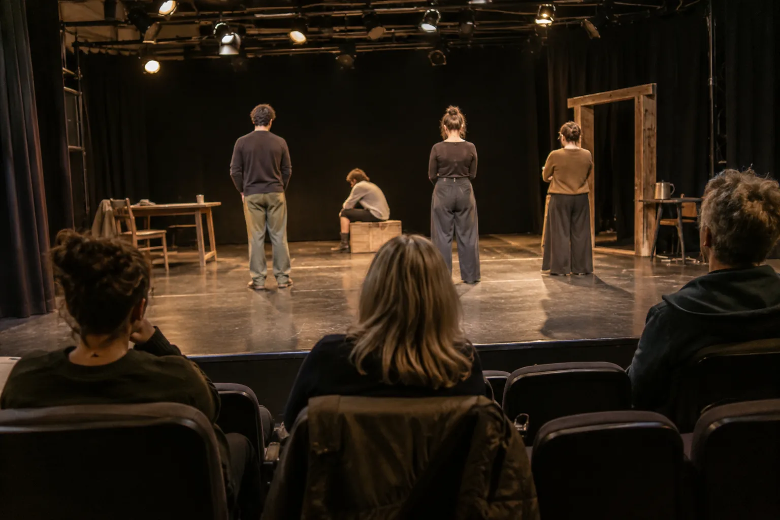 Une répétition se déroule sur la scène d’un petit théâtre devant quelques spectateurs.