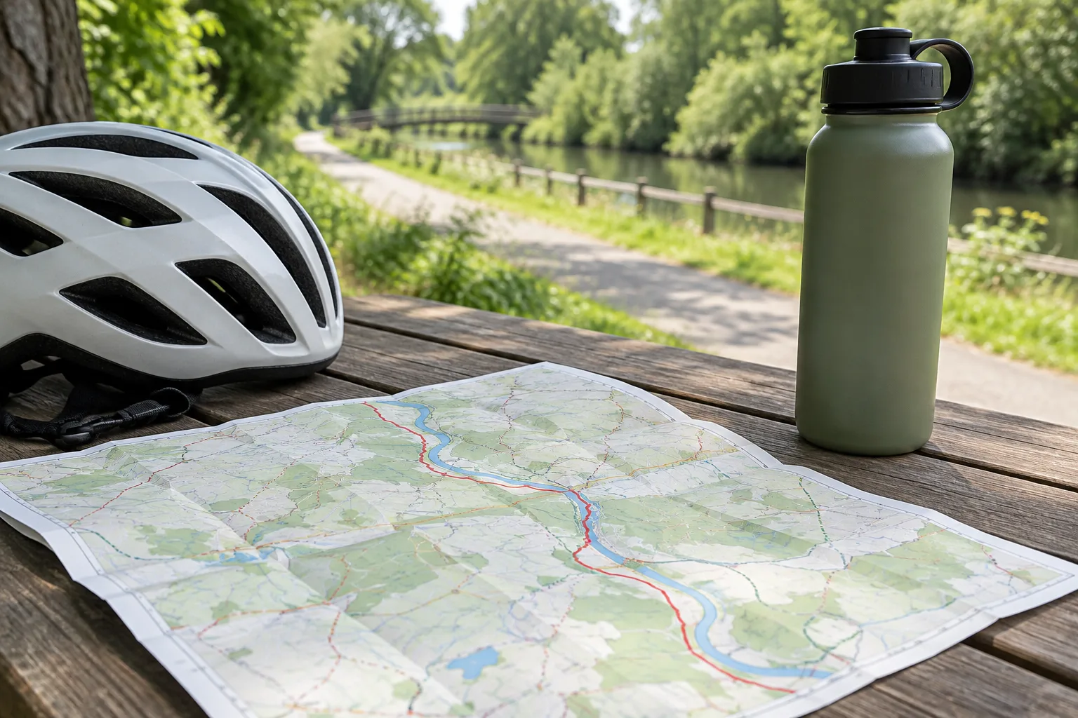 Une carte de parcours posée près d’un casque et d’une gourde avant une balade à vélo.