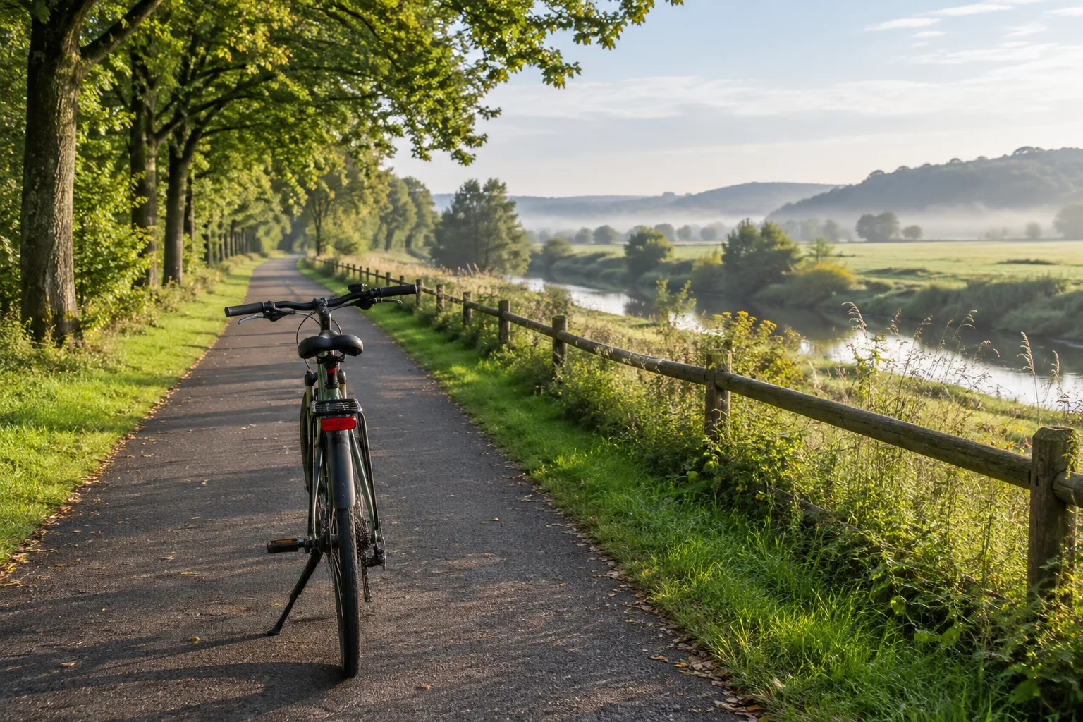 Un vélo posé au bord d’une voie verte ombragée, entre arbres et campagne.