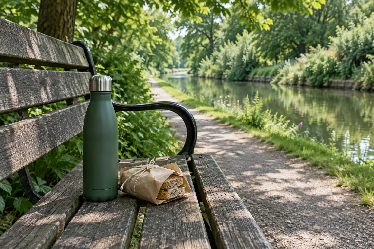 Un banc à l’ombre près d’un canal, avec une gourde et un goûter préparé pour la promenade.