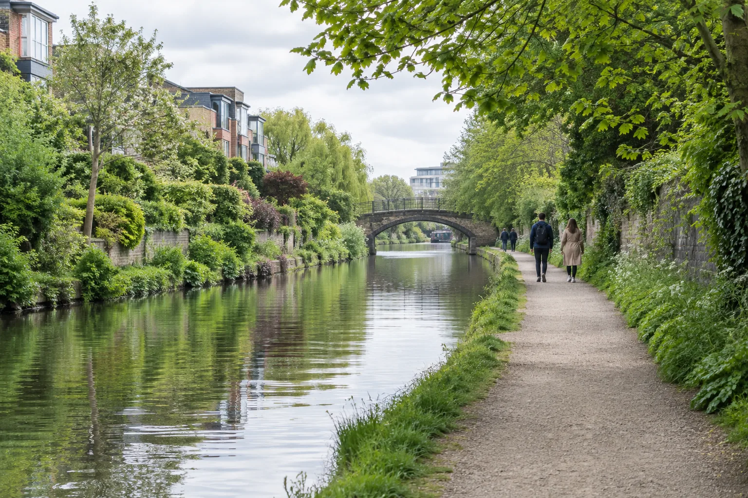 Un chemin de promenade longe un canal bordé d’arbres et mène vers un petit pont.