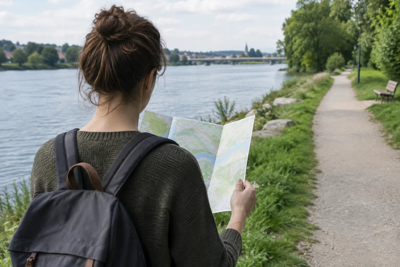 Une personne consulte une carte près d’un chemin qui longe la rivière.