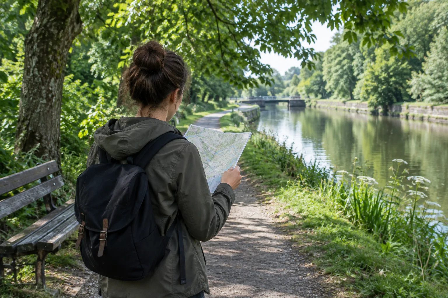 Une personne consulte une carte près d’un chemin ombragé au bord de l’eau.