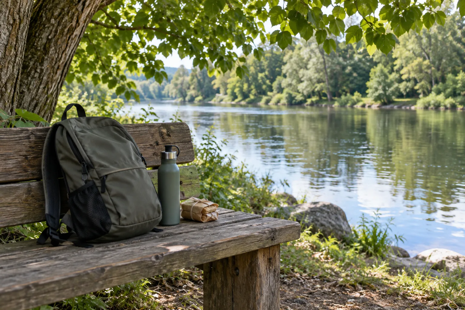 Un banc ombragé près de l’eau, avec un sac et une gourde pour la pause.