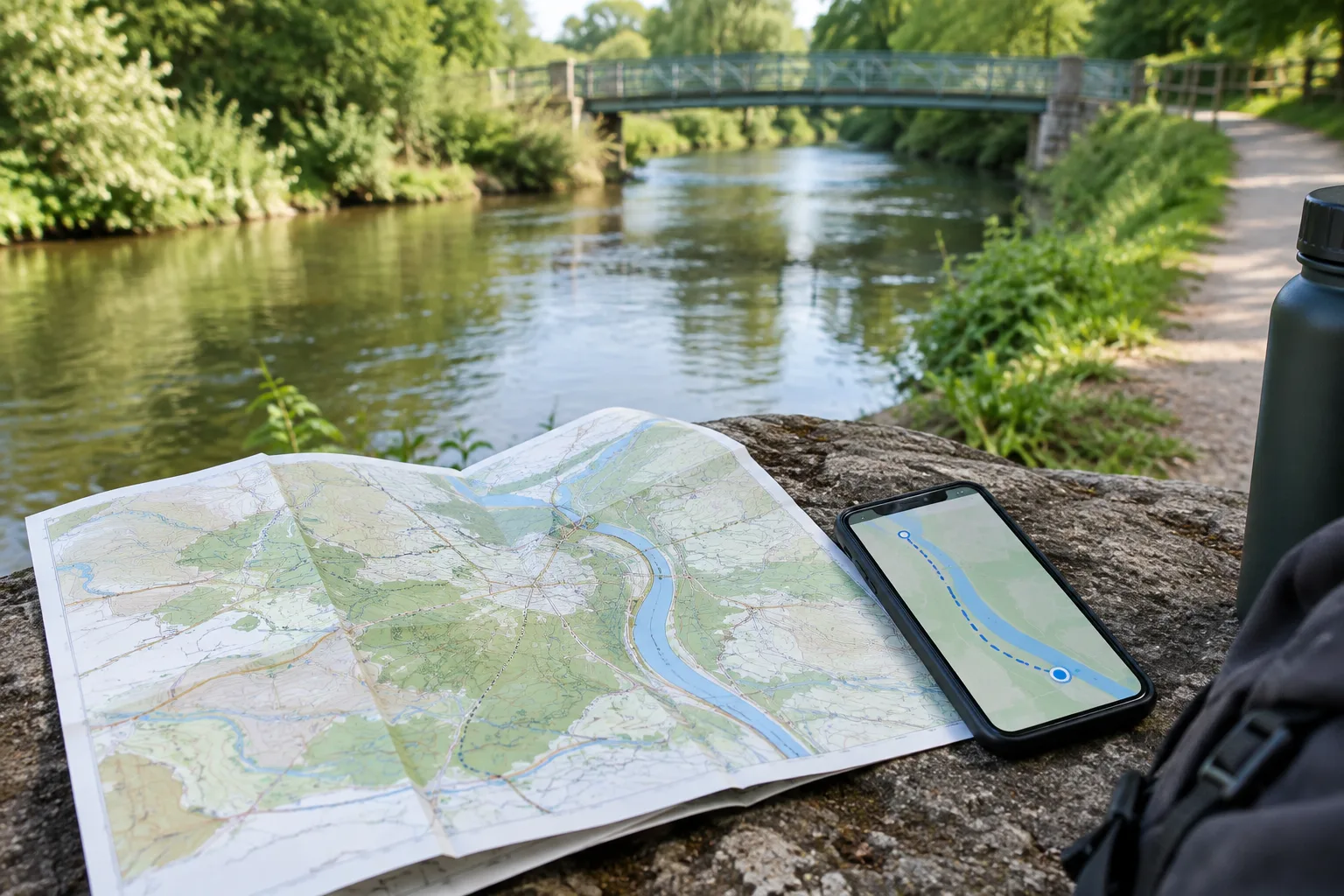 Une carte et un téléphone sont consultés près d’un chemin au bord de l’eau.