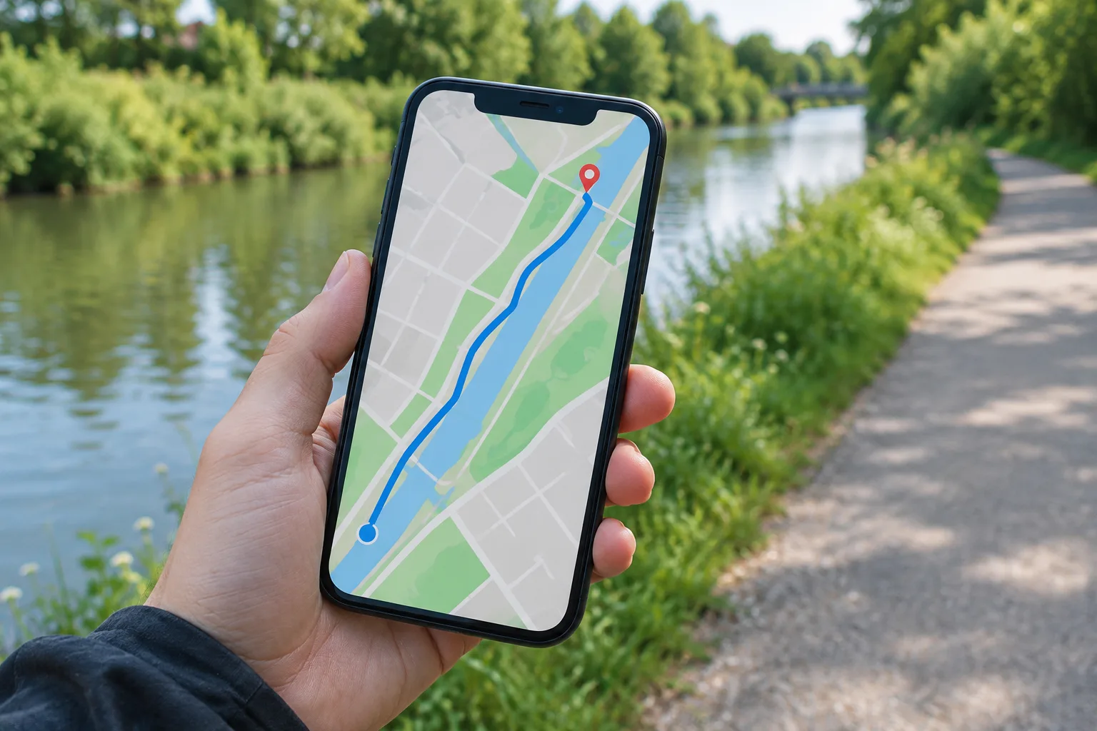 Une personne consulte un itinéraire sur son téléphone près d’un chemin au bord de l’eau.