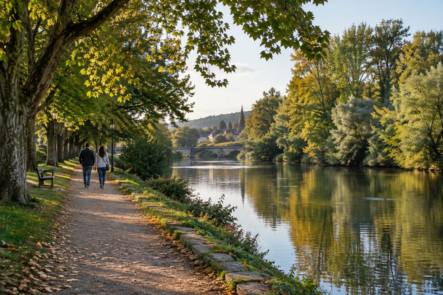 Un chemin piéton longe une rivière bordée d’arbres.