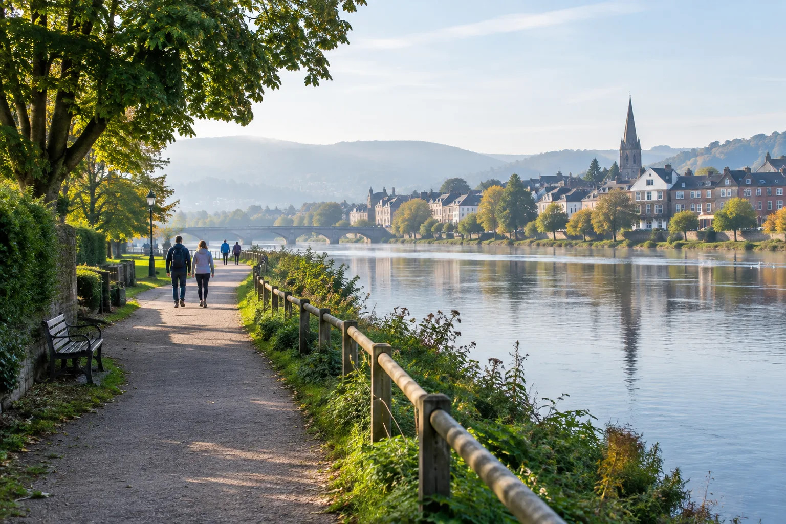 Un chemin de promenade longe une rivière près d’un quartier arboré.