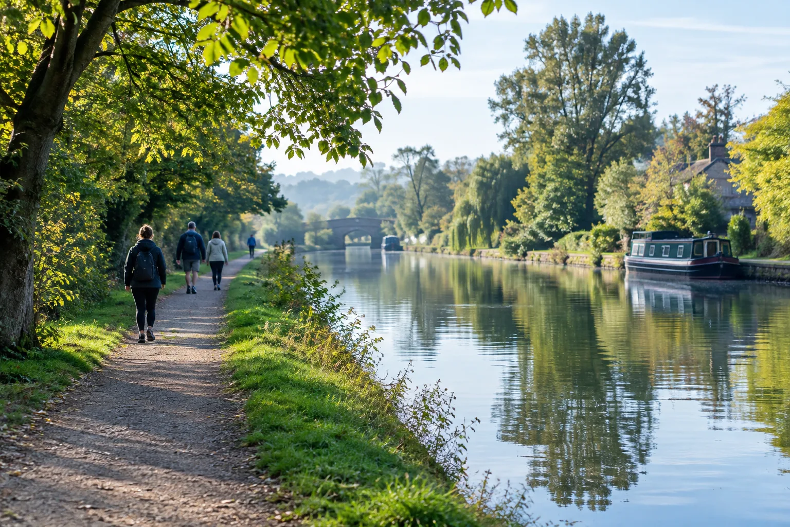 Un chemin de promenade longe un canal bordé d’arbres.