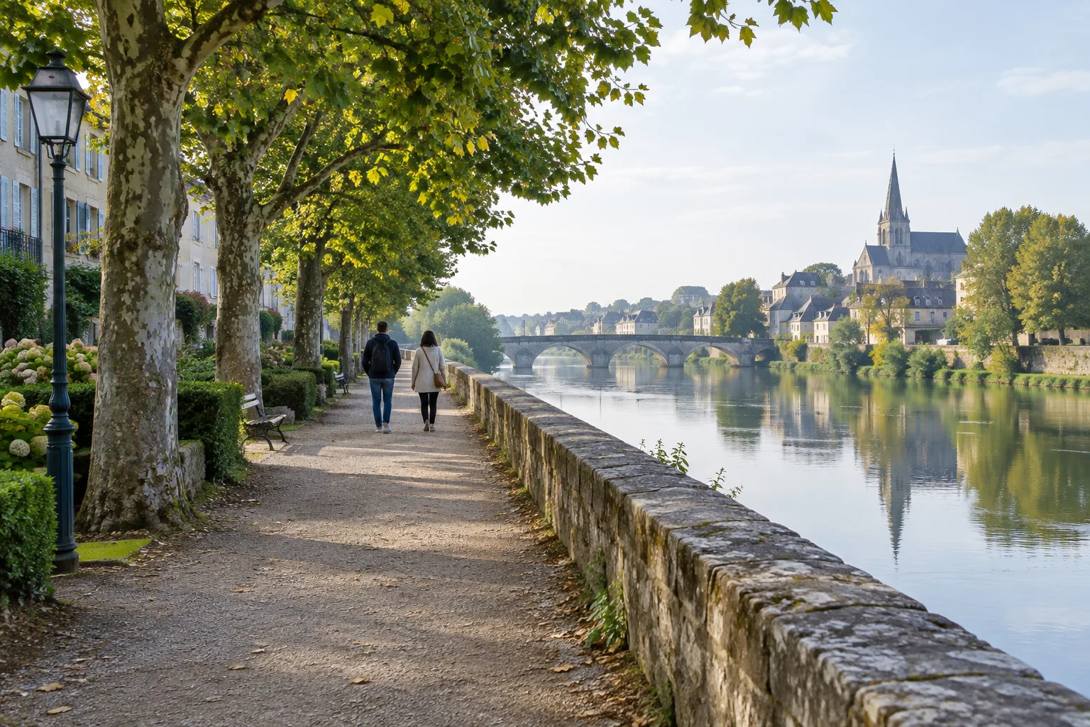 Un chemin de promenade longe une rivière bordée d’arbres.