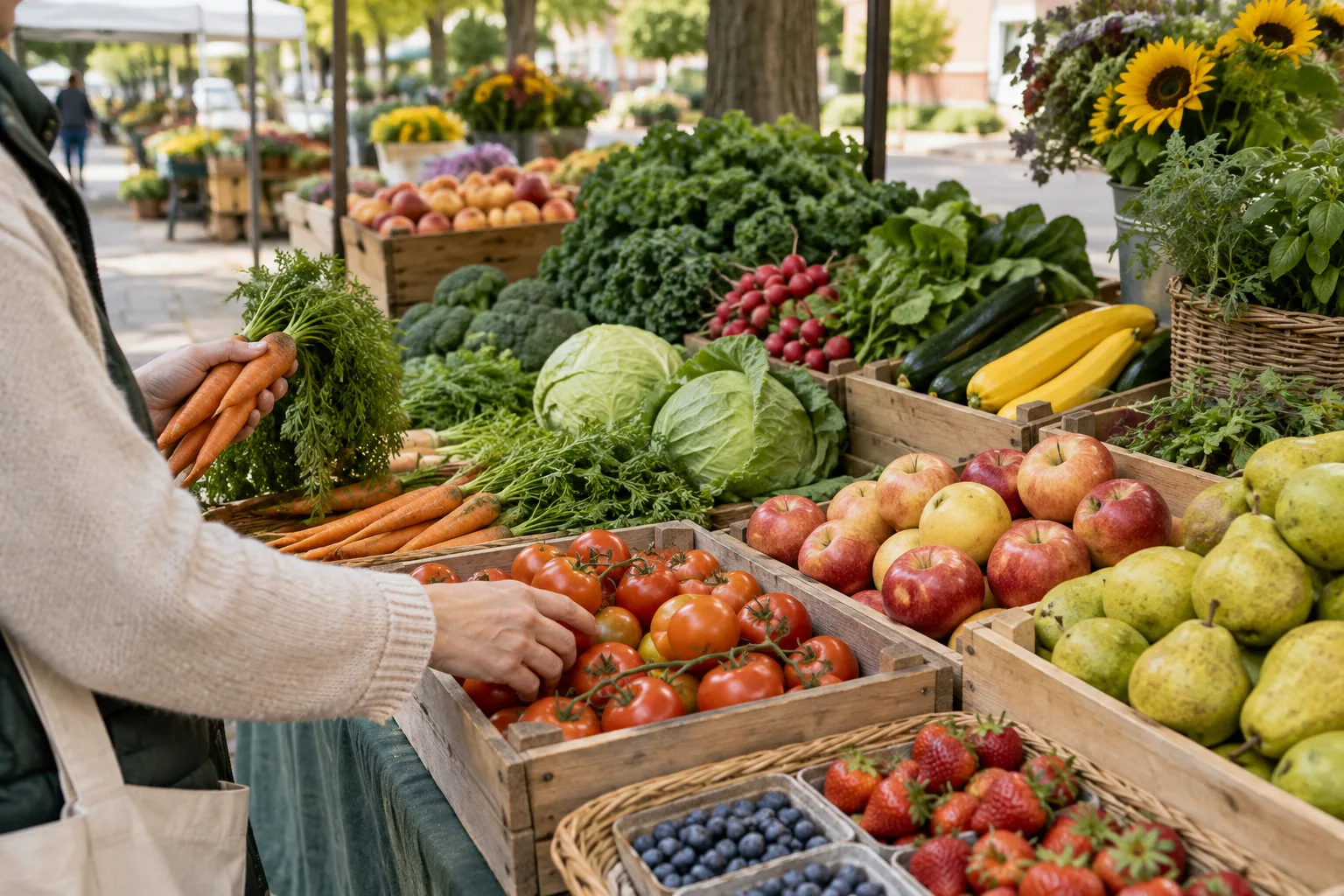 Un étal de marché de quartier présente des fruits et des légumes de saison.