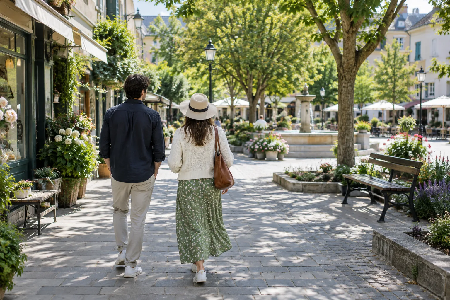 Des promeneurs avancent dans une rue de quartier bordée d’arbres et de petites boutiques.