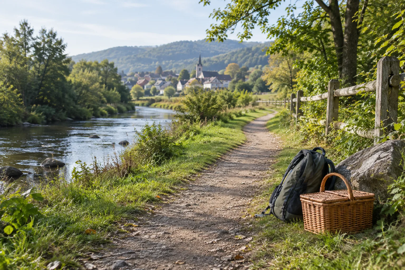 Un sentier verdoyant près d’un panier de pique-nique et d’un petit sac de marche.