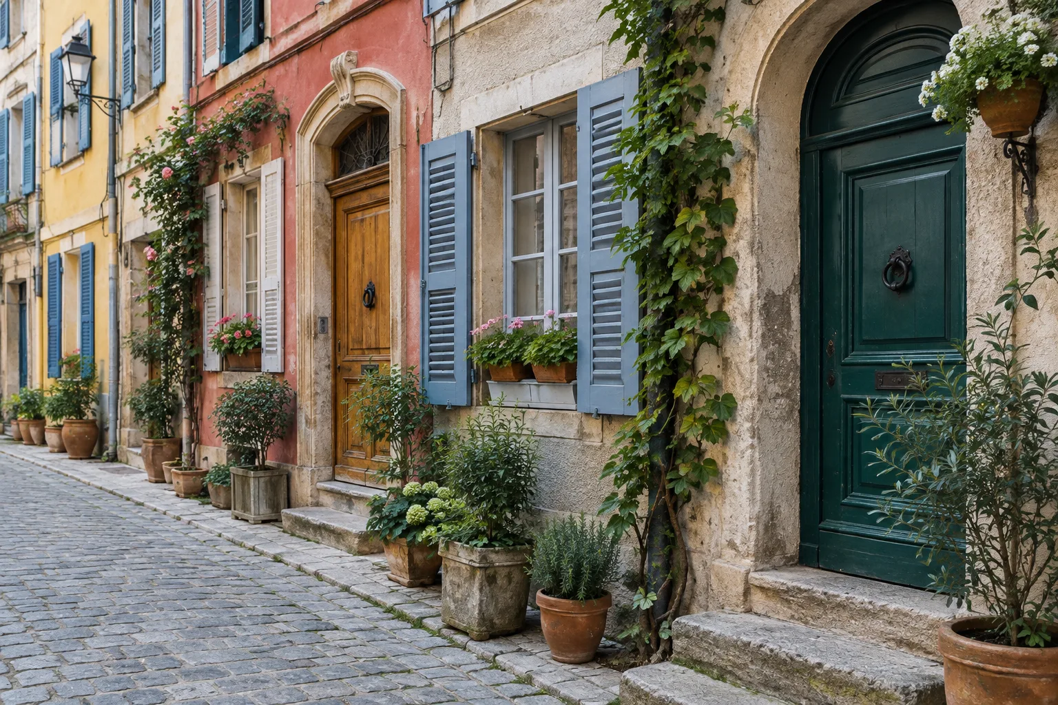 Des portes colorées et des plantes aux fenêtres apportent des détails à observer pendant une promenade.