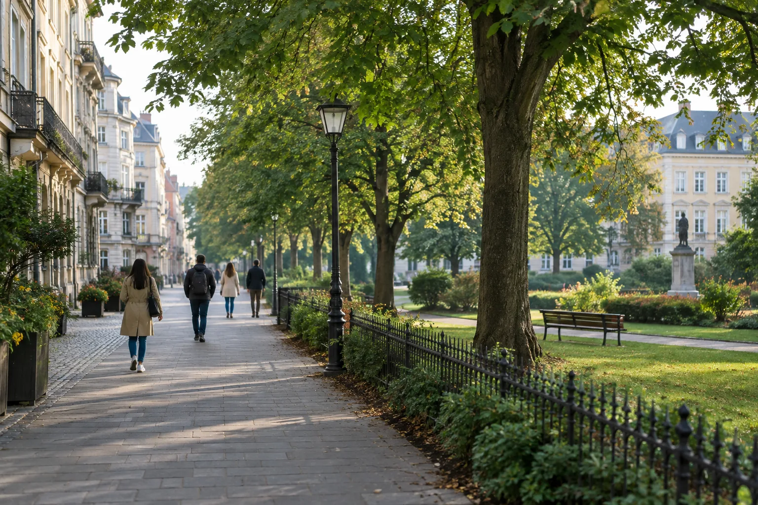 Une promenade piétonne longe un petit parc au milieu de bâtiments urbains.