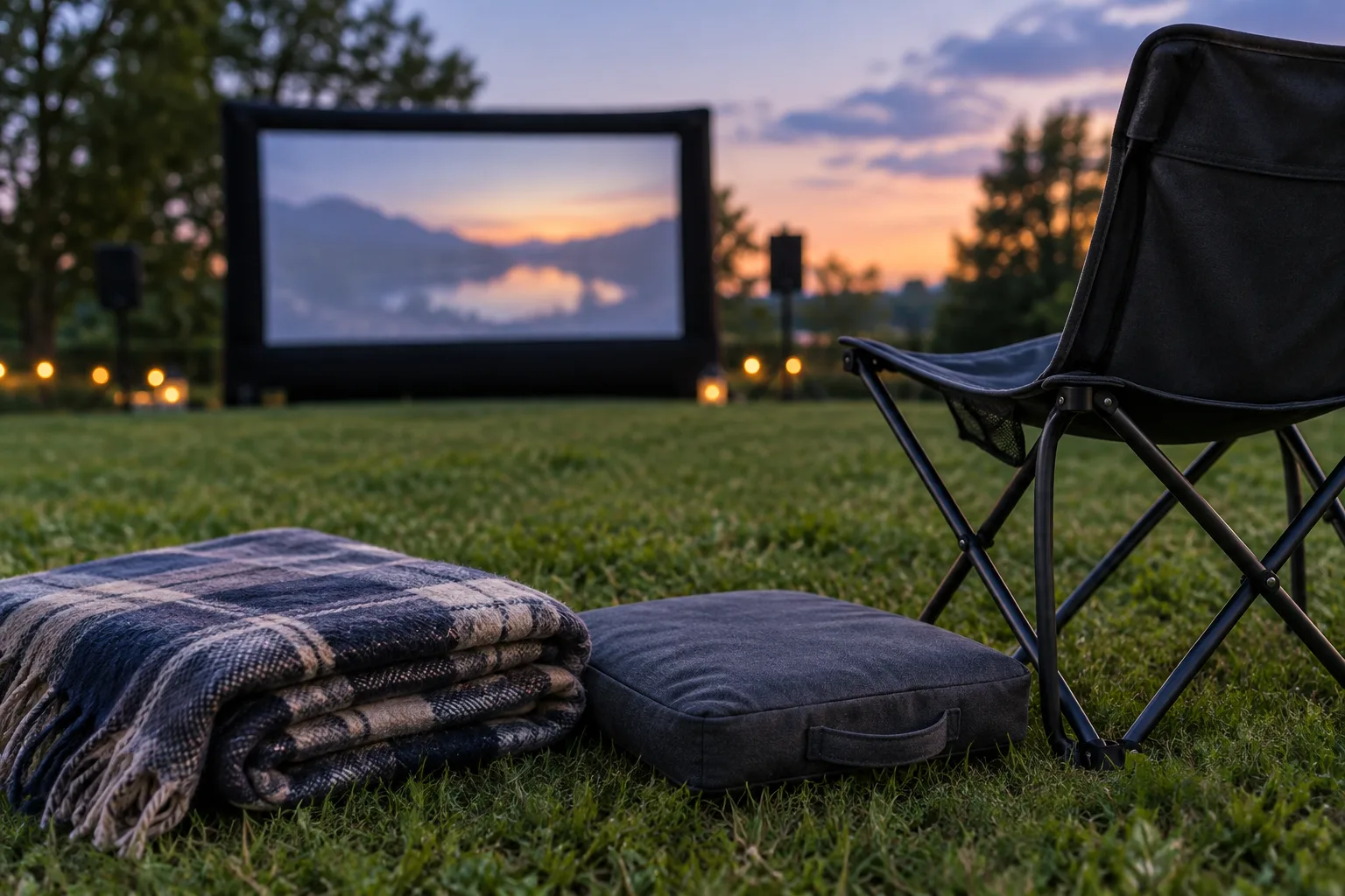 Une couverture pliée, un coussin et une chaise légère posés sur l’herbe près d’un écran de cinéma en plein air.