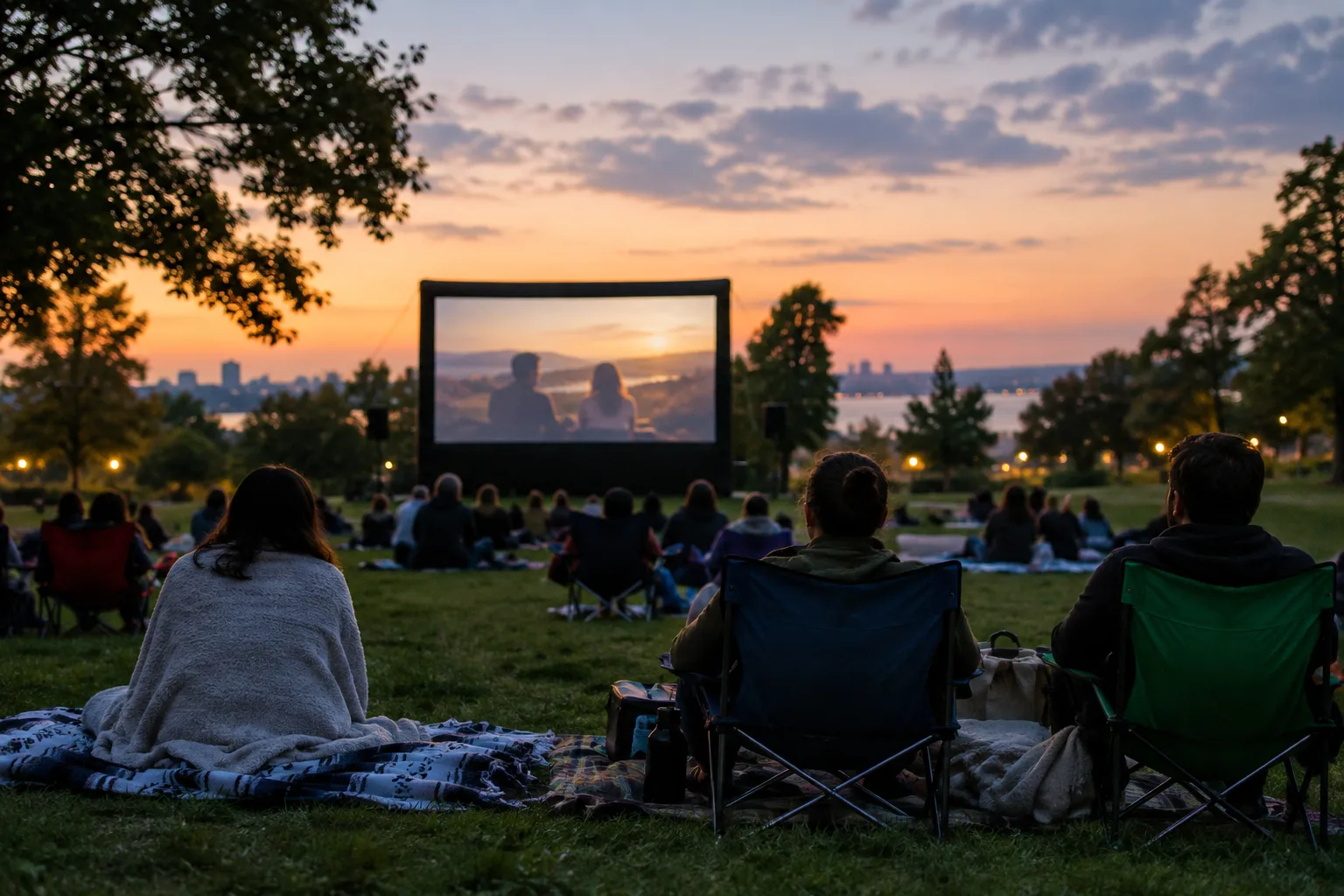Une projection en plein air au crépuscule, avec des couvertures et des chaises installées face à l’écran.