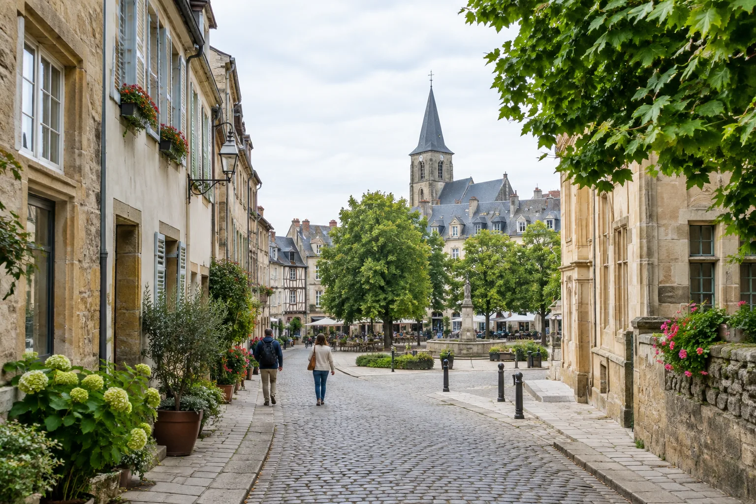 Une rue piétonne bordée de façades anciennes mène vers une place arborée.