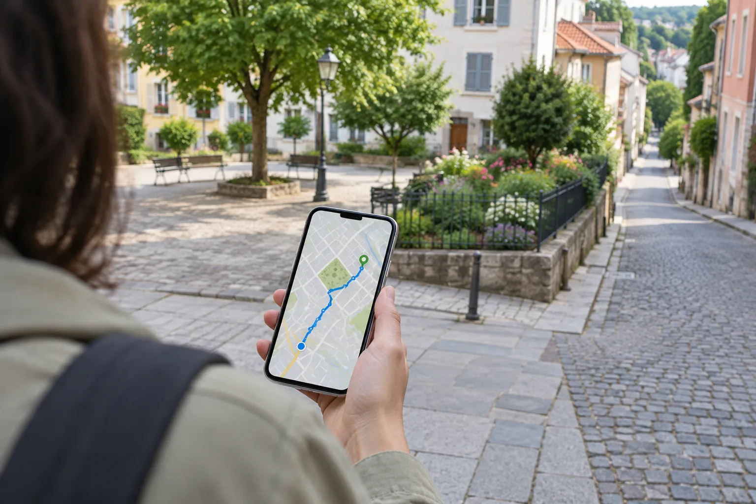 Une carte sur téléphone aide à imaginer une boucle entre rues, place et jardin.