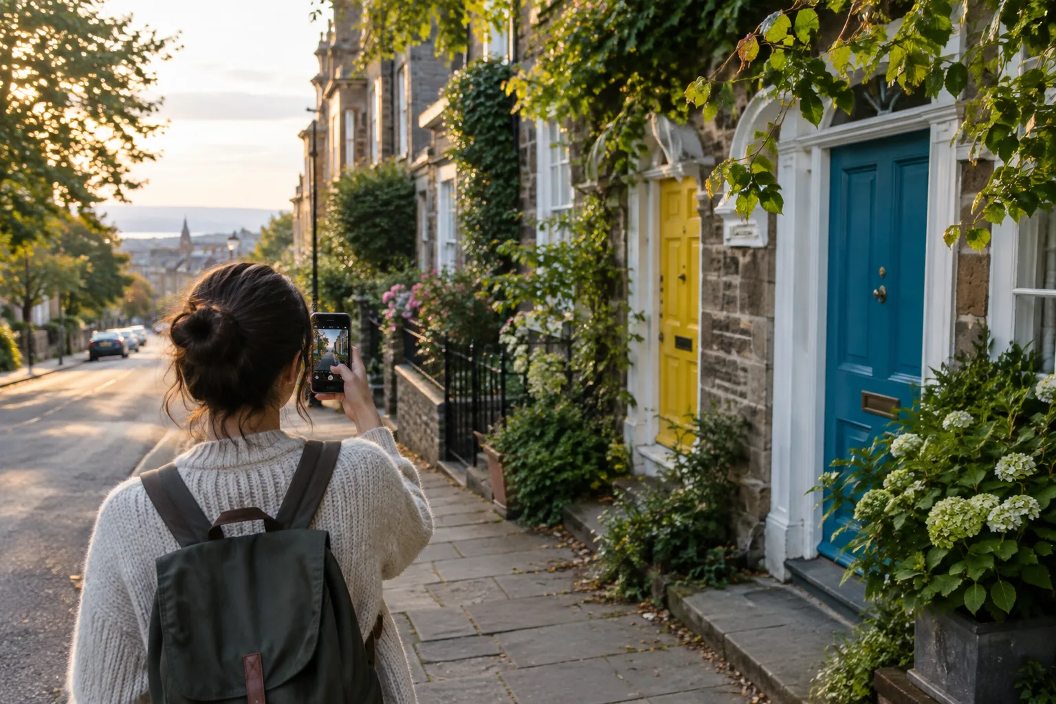Une personne photographie les détails d’une rue de quartier baignée par une lumière douce.