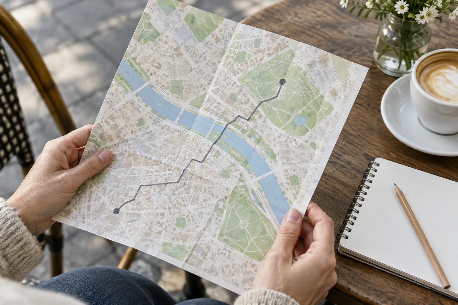 Un plan de ville et un carnet posés sur une table pour préparer un itinéraire à pied.