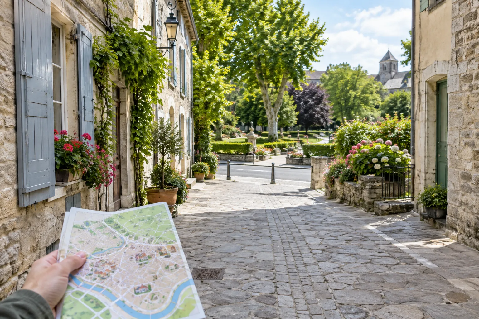 Une rue piétonne mène vers un jardin public dans une petite ville.