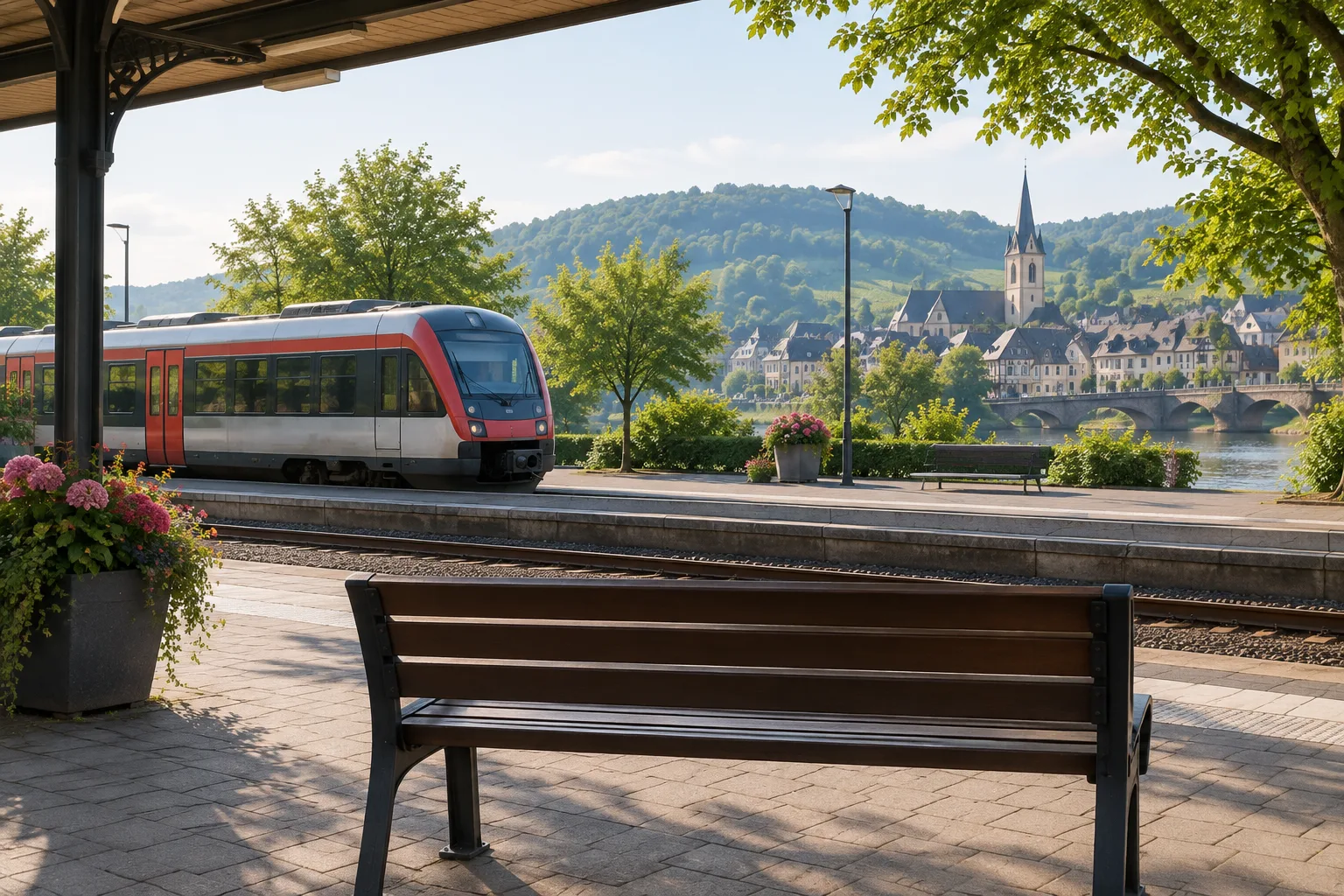 Un train régional attend sur le quai d’une petite gare entourée d’arbres.