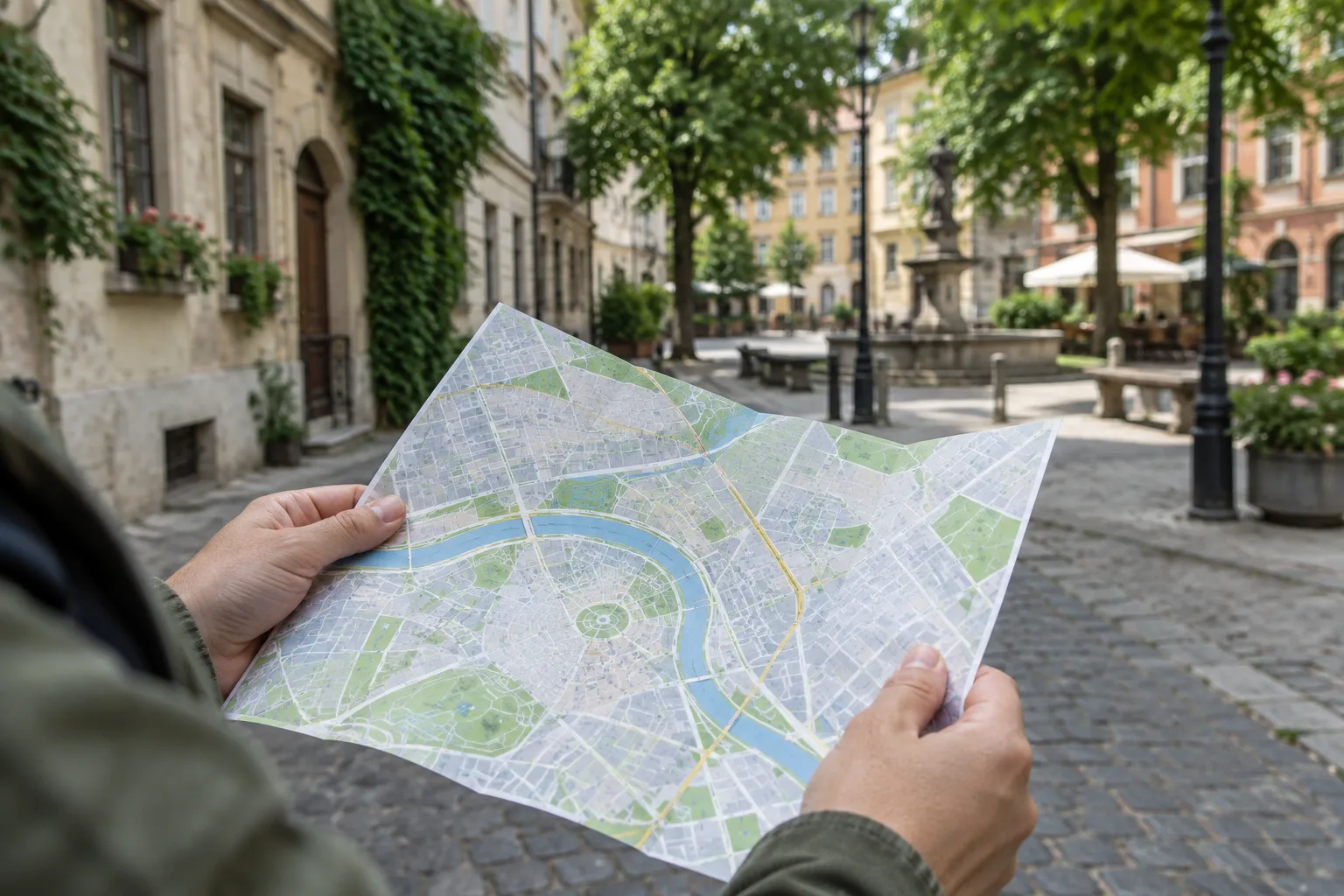 Des mains tiennent un plan de ville pendant une promenade dans un quartier arboré.