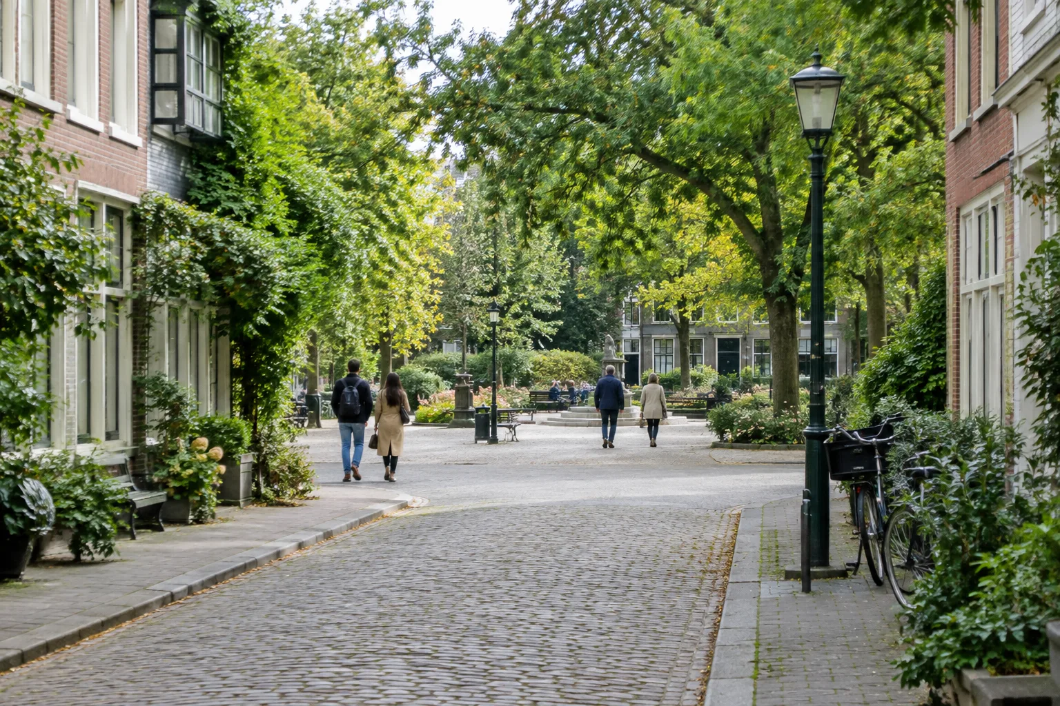 Une rue de quartier mène vers une petite place arborée où quelques personnes se promènent.
