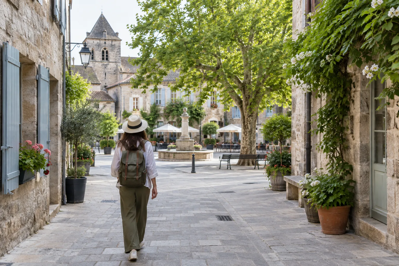 Une personne marche dans une rue piétonne bordée de bâtiments anciens et d’arbres.