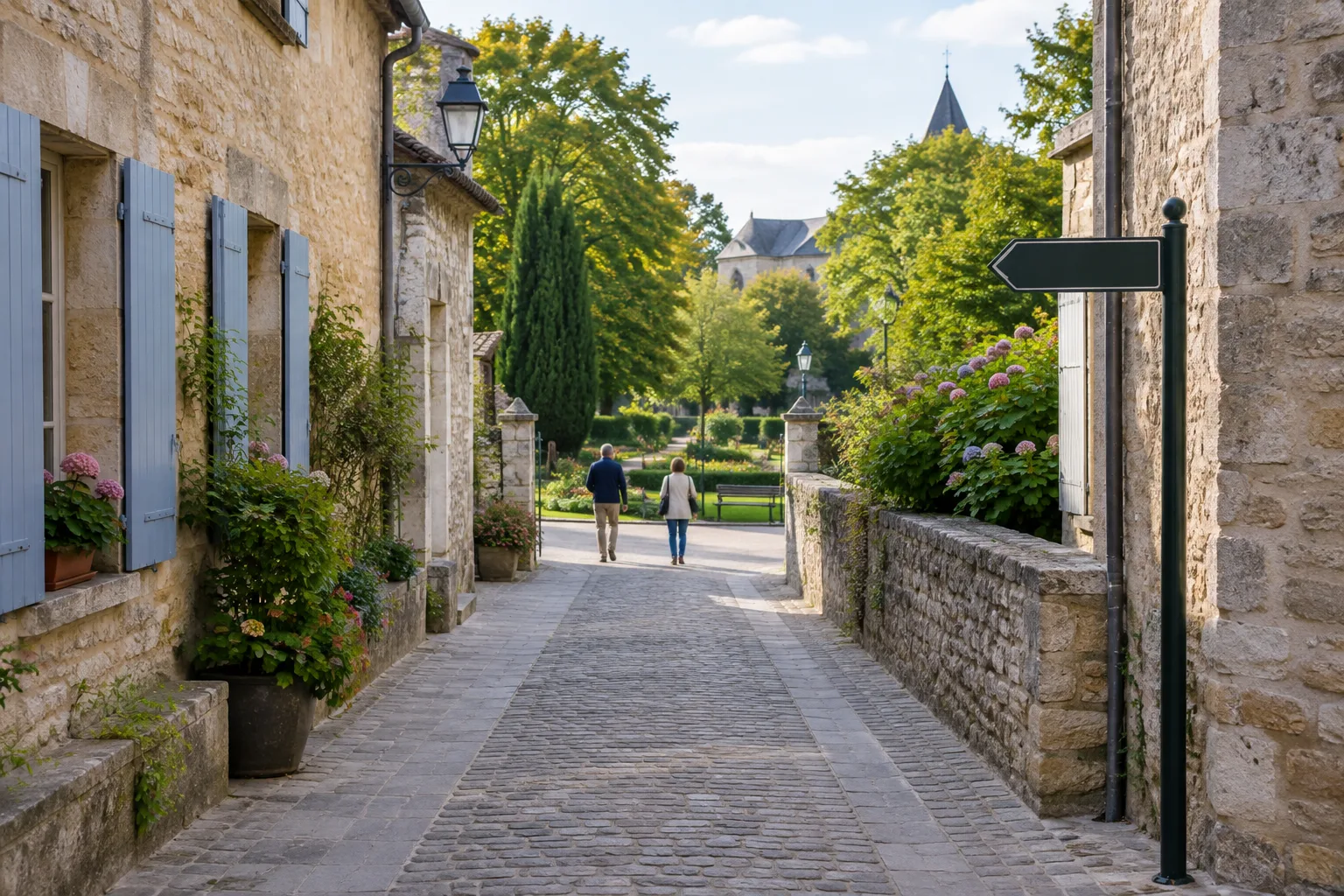Une rue calme mène vers un jardin public dans une petite ville.