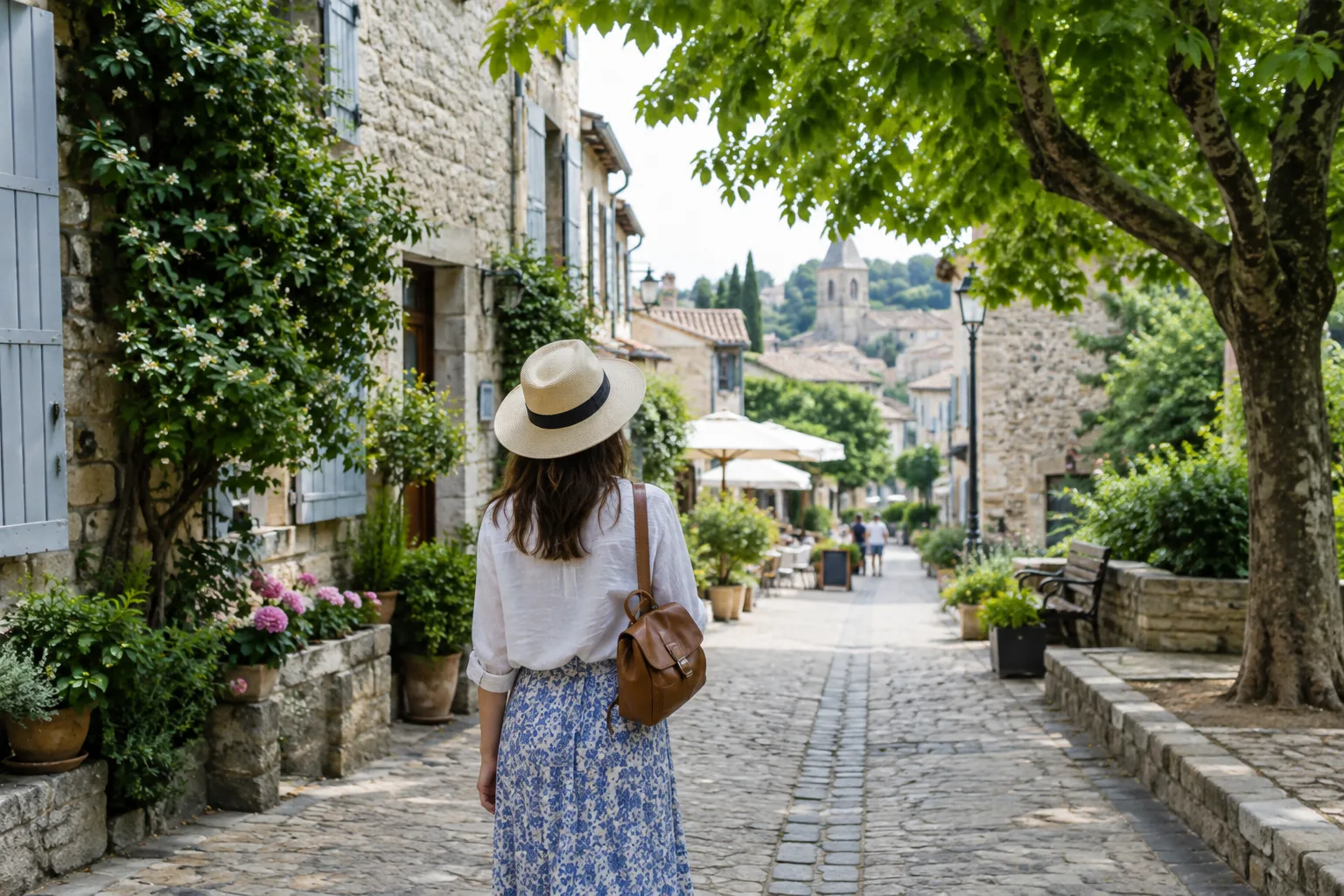 Une personne se promène dans une rue piétonne d’une petite ville ensoleillée.