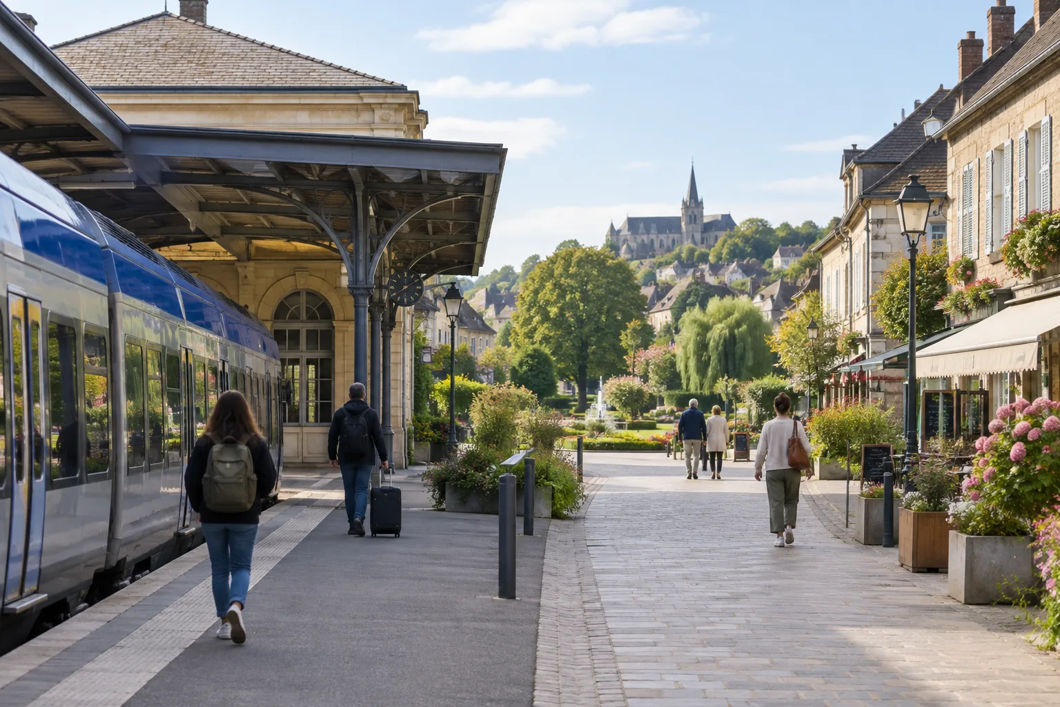 Une rue piétonne d’une petite ville près d’une gare régionale, avec un jardin au loin.