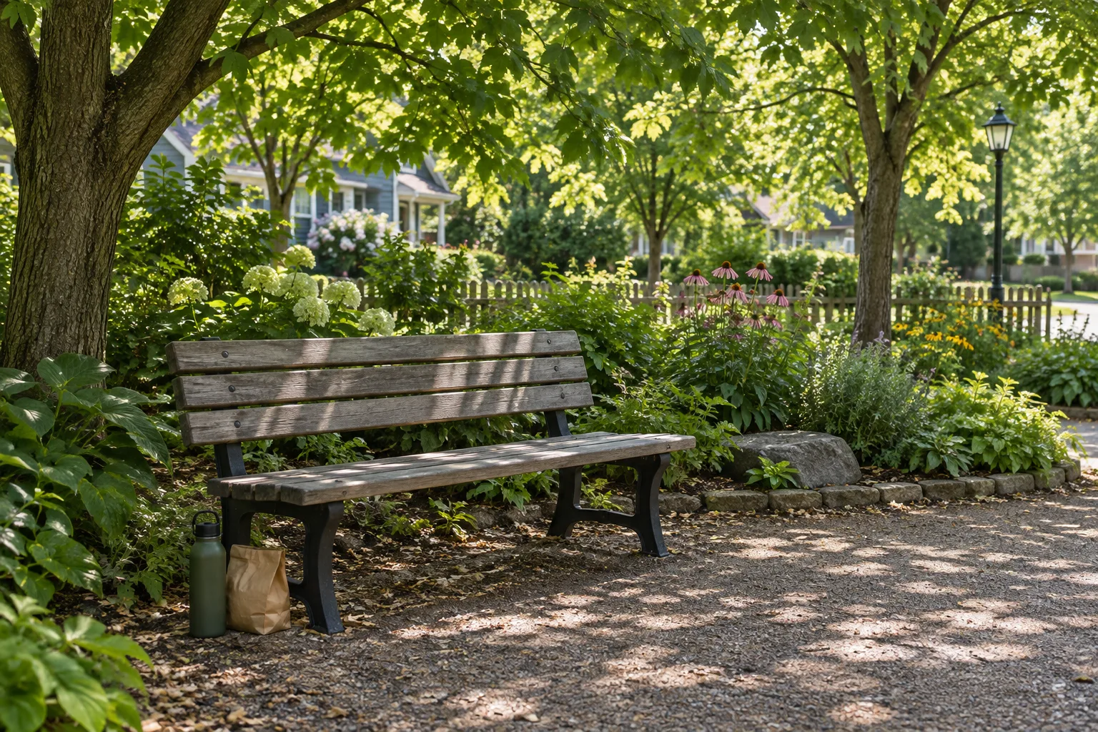 Un banc à l’ombre dans un petit jardin public, avec une gourde et une collation posées à côté.
