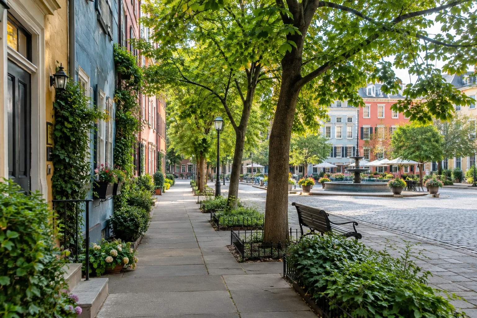 Une rue de quartier bordée d’arbres et de façades colorées, propice à une promenade à pied.