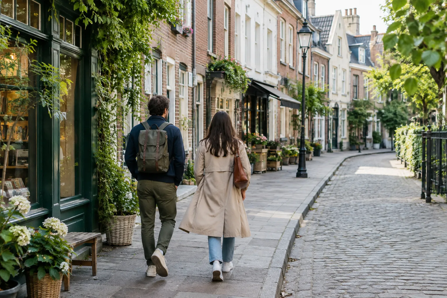 Deux personnes marchent dans une rue de quartier bordée de façades et de petites boutiques.