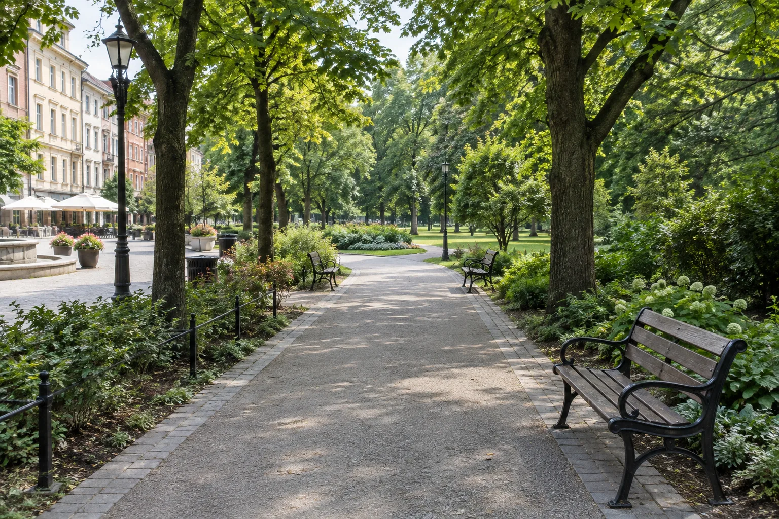 Un chemin arboré et des bancs invitent à faire une pause pendant une promenade en ville.