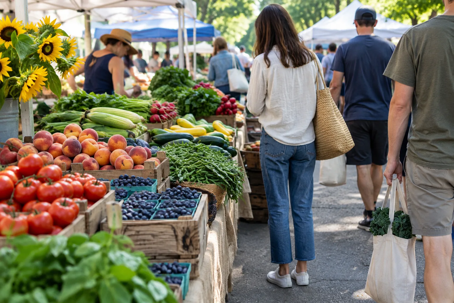 Des étals de fruits et légumes de saison sur un marché de producteurs de quartier.
