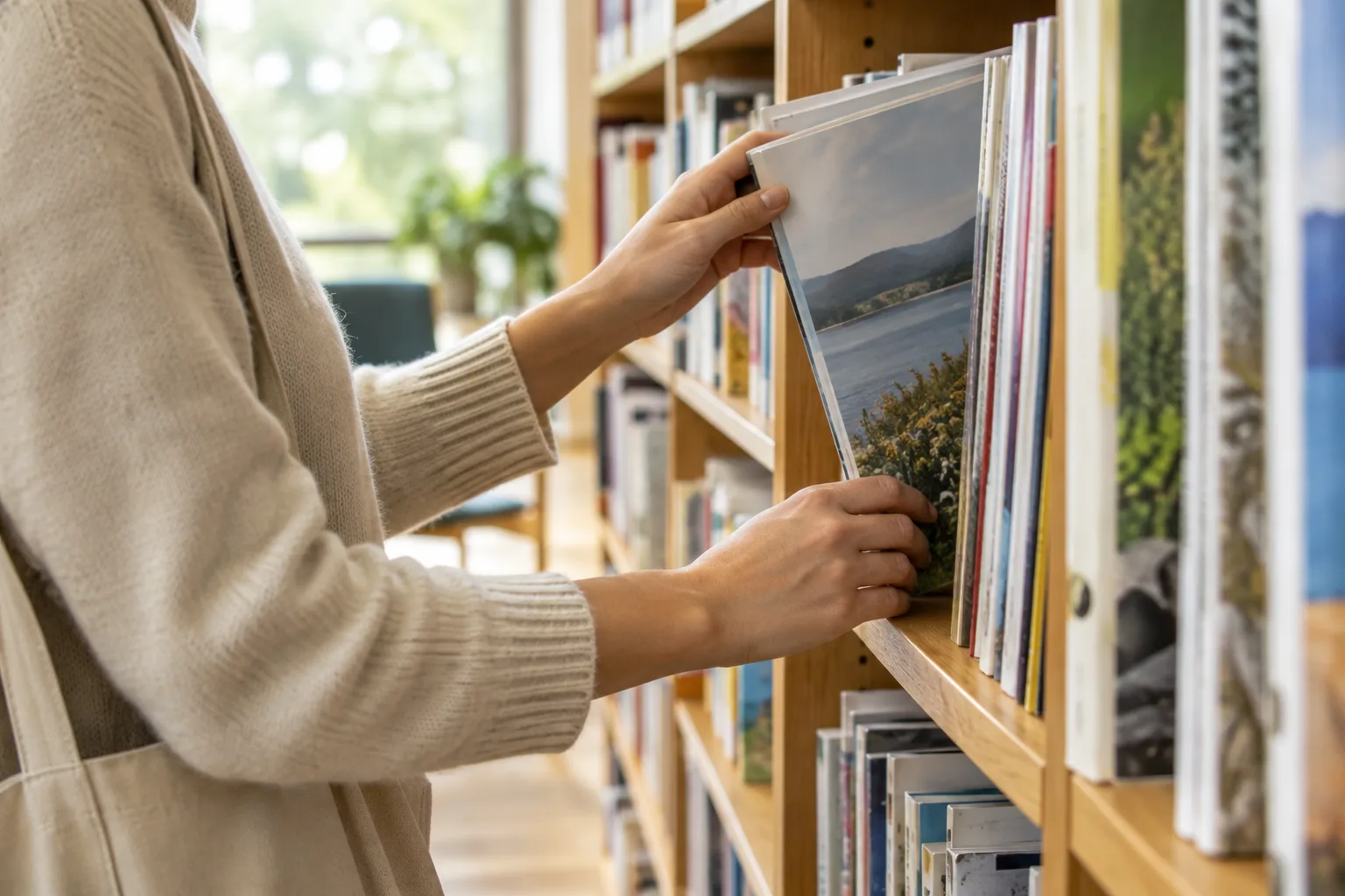 Une personne parcourt des livres et des magazines dans les rayons d’une médiathèque.