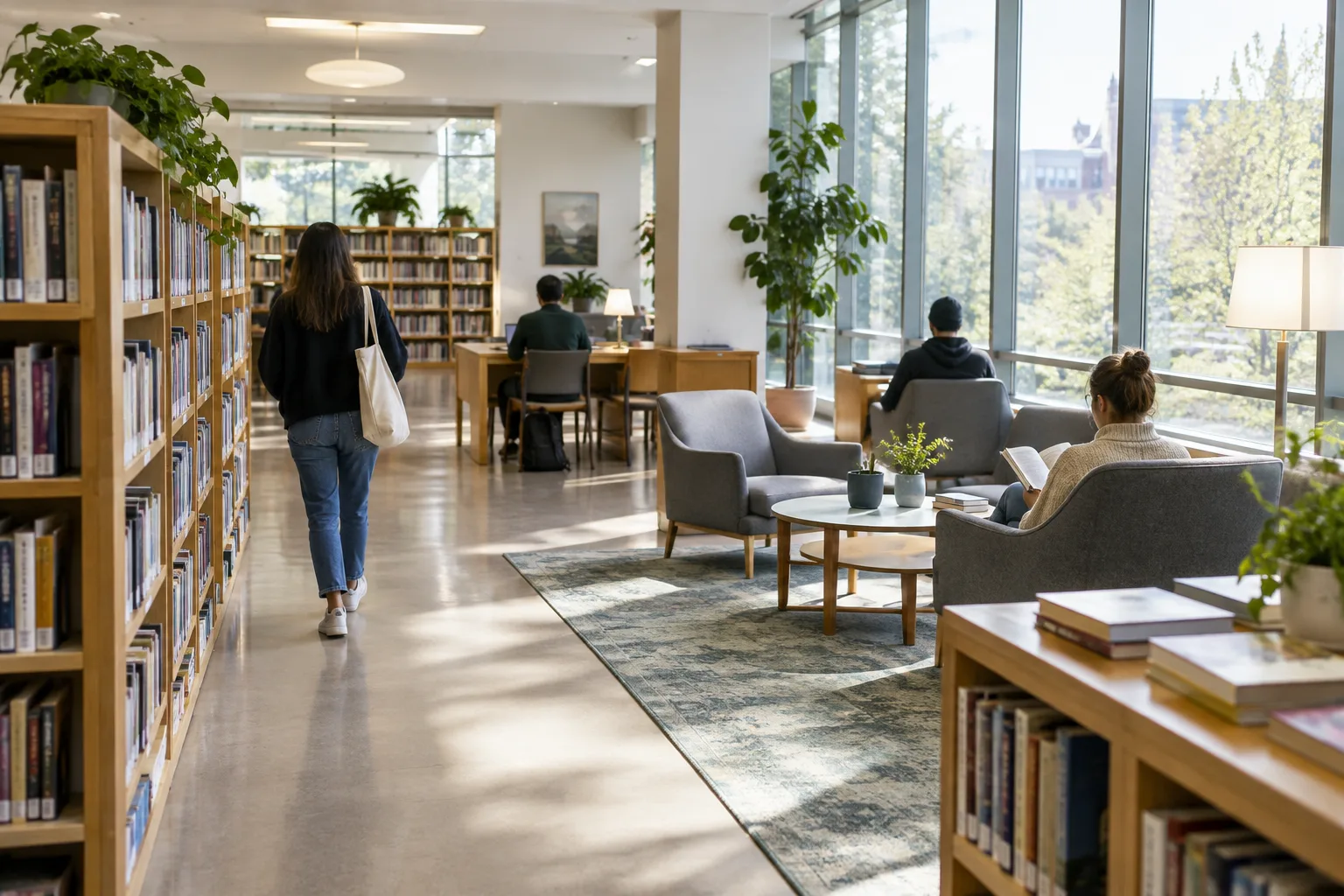 Espace de lecture lumineux dans une médiathèque avec des rayonnages de livres.