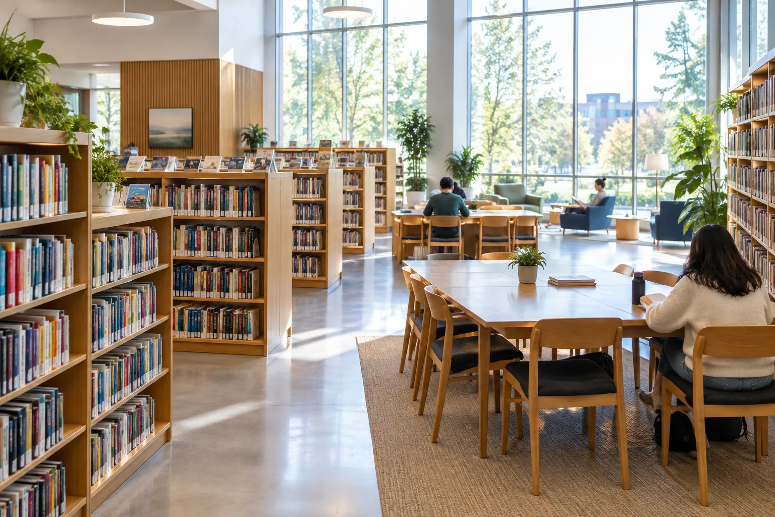 Espace de lecture lumineux dans une médiathèque, avec des rayonnages et des tables de consultation.