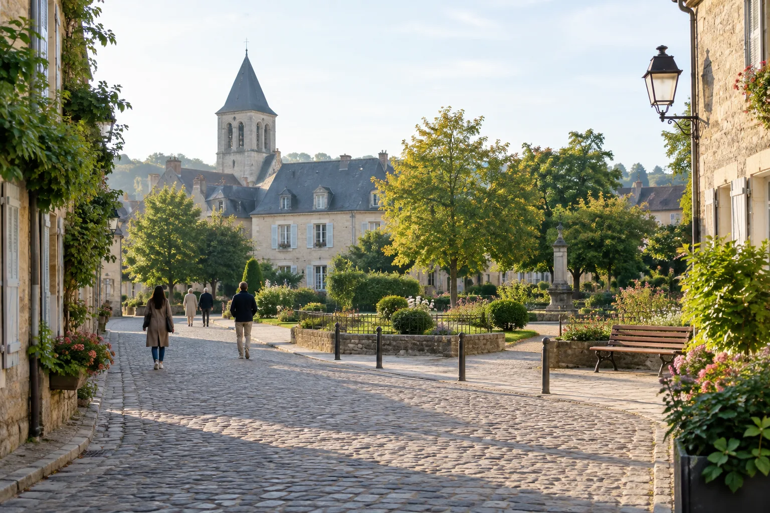 Une place de petite ville ouvre sur un jardin public dans la lumière du matin.