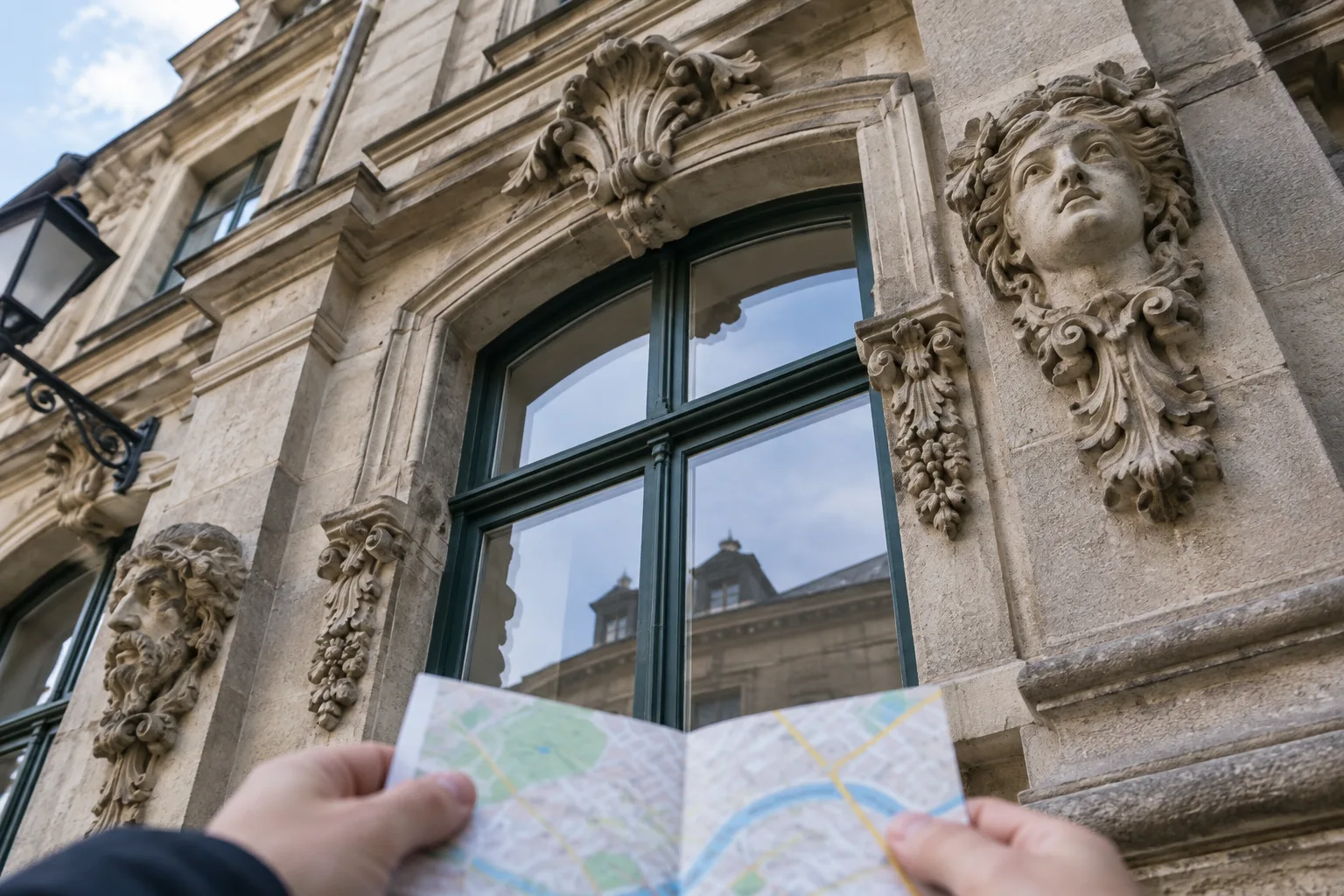 Détails décoratifs autour des fenêtres d’une façade observés pendant une promenade.