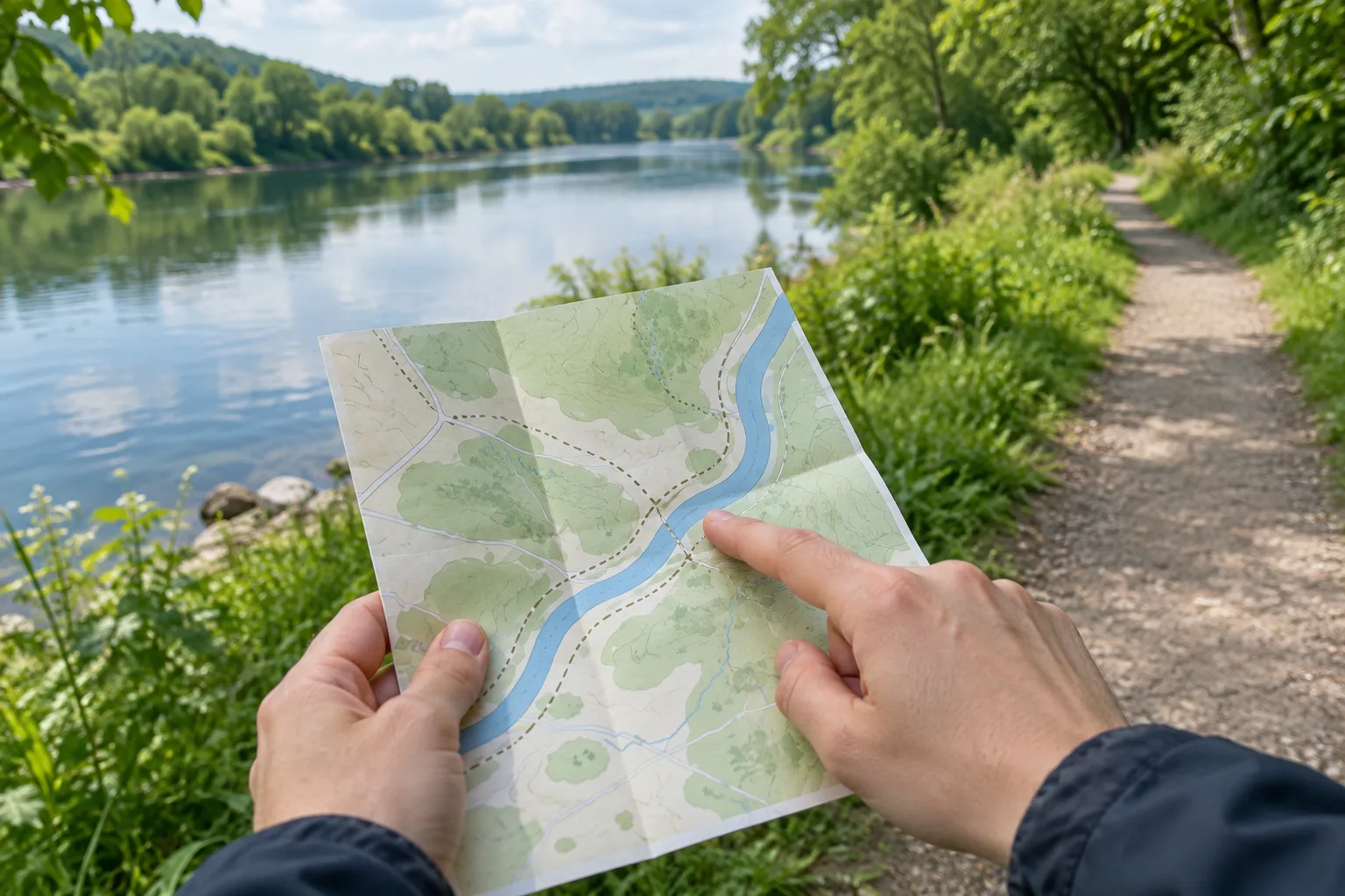 Une carte est consultée près d’un chemin qui longe une rivière.