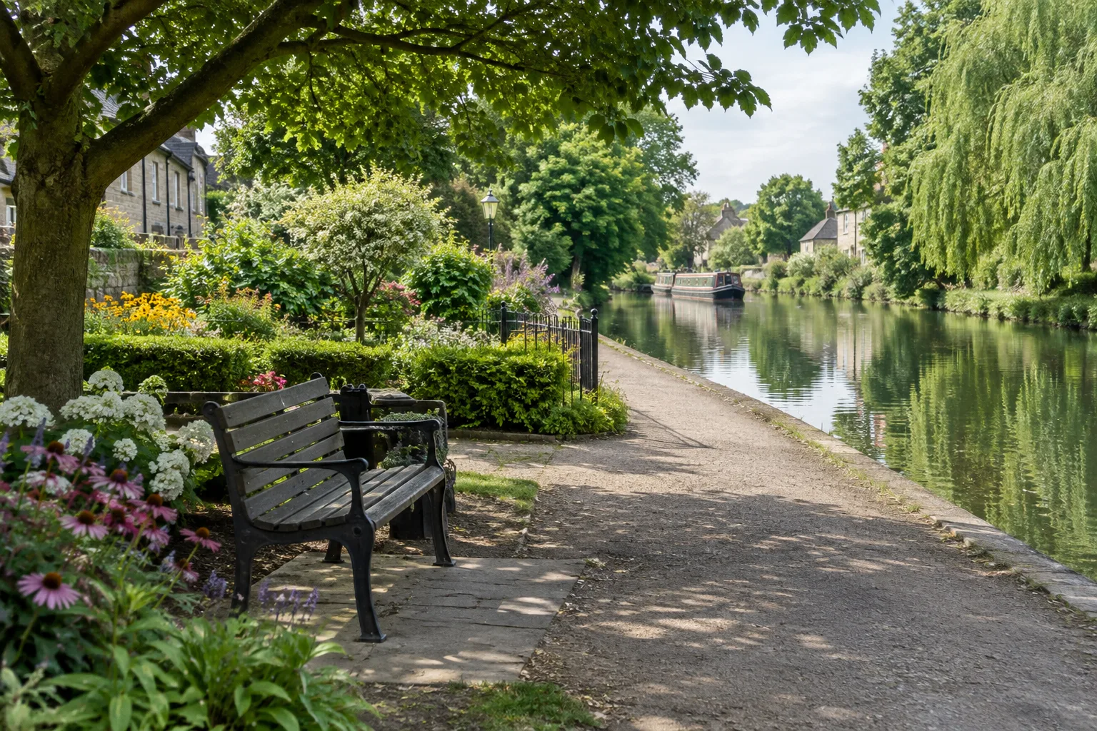 Un banc ombragé près d’un canal offre une pause au cours d’une promenade.