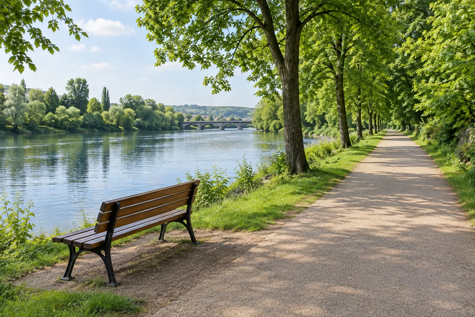 Un chemin régulier et un banc aménagé longent une rivière.