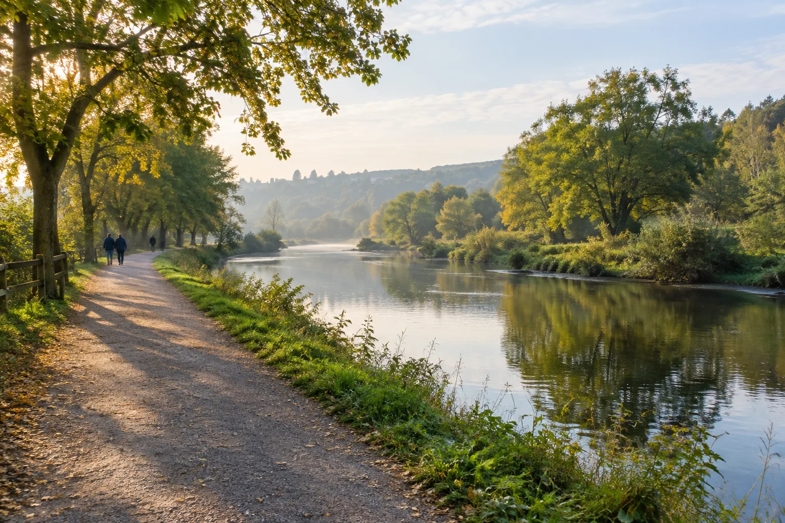 Un chemin de promenade longe une rivière bordée d’arbres.