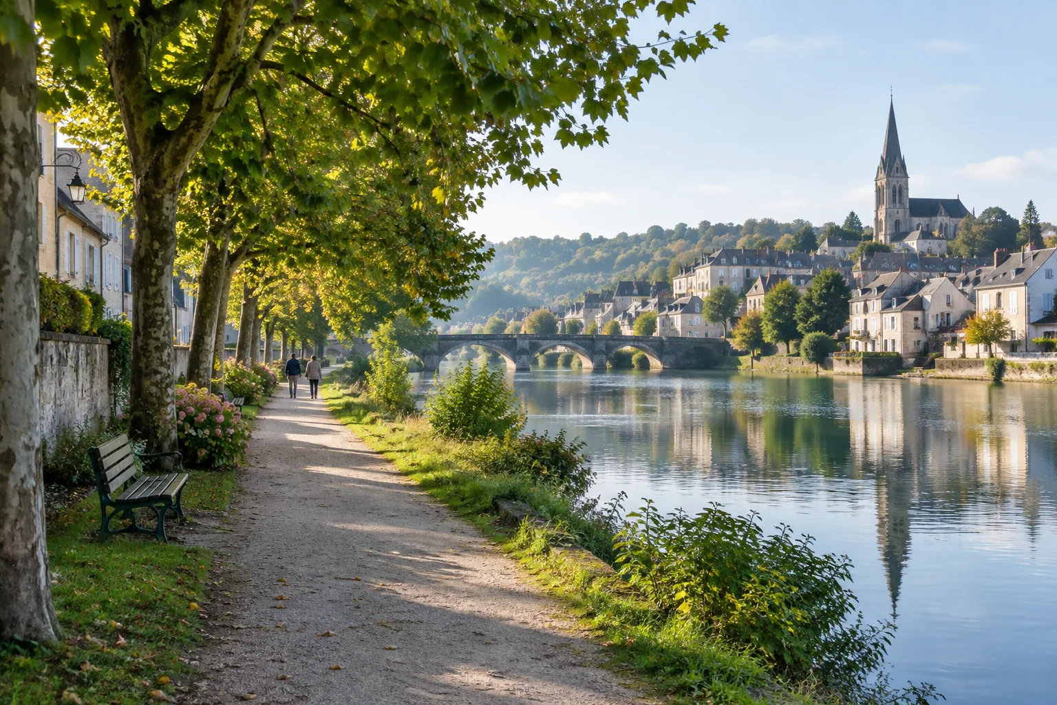 Un chemin de promenade longe une rivière bordée d’arbres.
