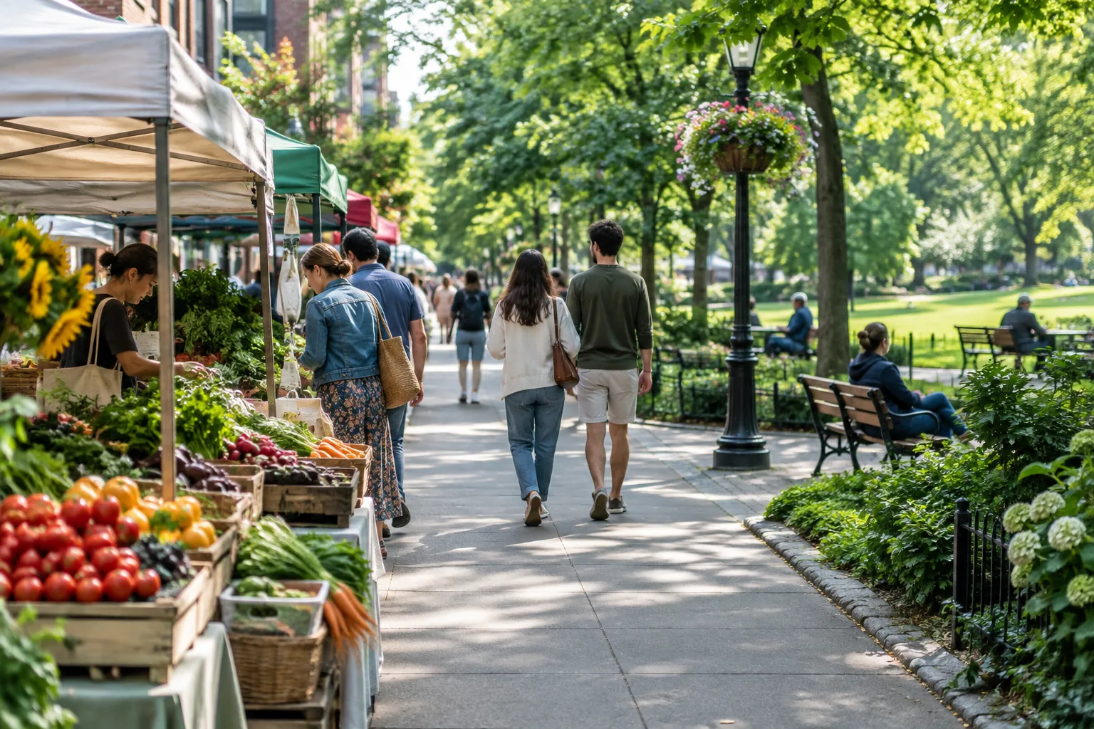 Des étals de marché au premier plan et un jardin de quartier visible au bout de la rue.