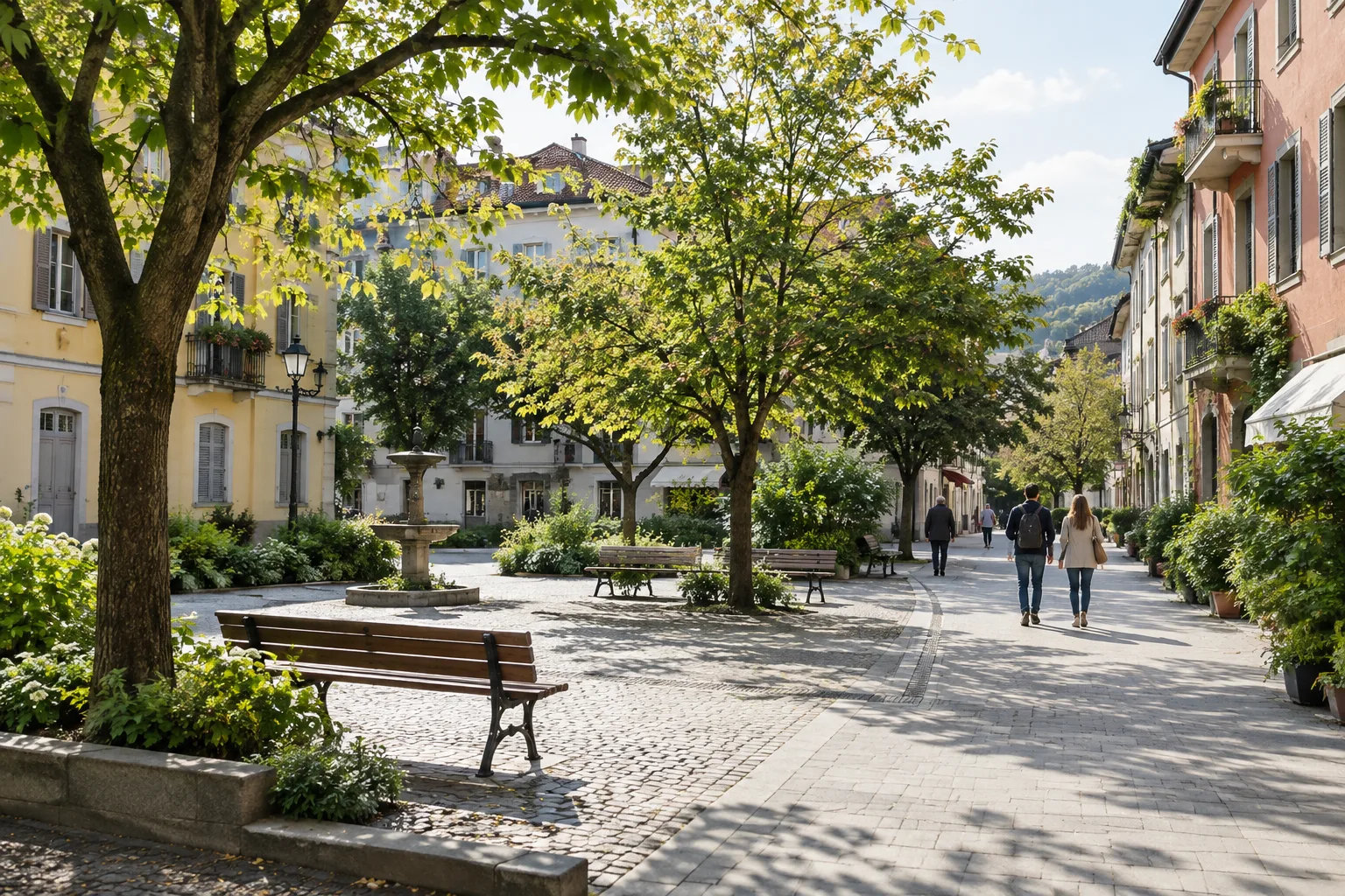 Une petite place arborée au cœur d’un quartier, avec des bancs et des façades alentour.